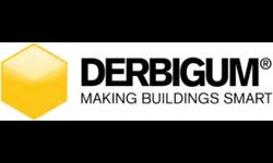 Derbigum logo featuring a yellow hexagon and the text "DERBIGUM® MAKING BUILDINGS SMART" in black.