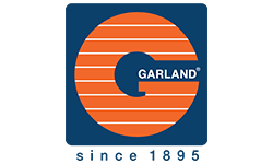 Logo of Garland featuring an orange circle with horizontal stripes and the word "GARLAND" on a blue background.