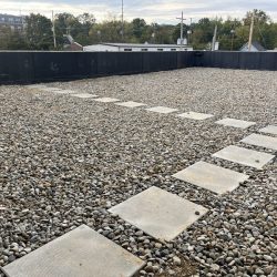 A flat rooftop covered with gravel and a walkway of square tiles, surrounded by a low black barrier and distant trees.