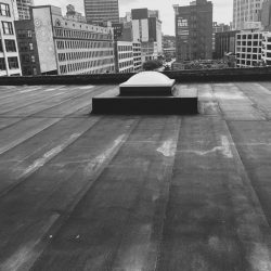 Black and white rooftop view with a central skylight and city buildings in the background.